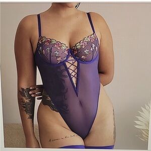 Purple Floral Embroidered Lace-Up Sheer Teddy